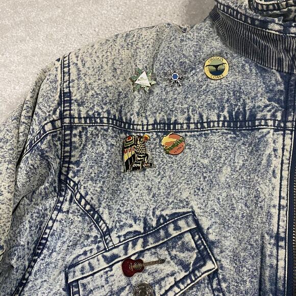 VTG Cherokee Denim Jacket Womens L Acid Wash Drawstring Coat 90s Pins Retro - Picture 3 of 8